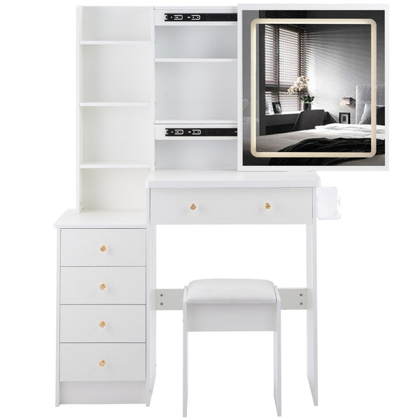 English Elm 37" Vanity Table Set with Led Mirror Stool Built-in Outlets and Hair Dryer Storage White W3258P448846
