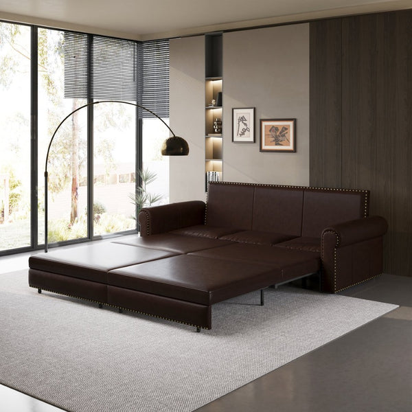 English Elm Chesterfield Velvet King Sleeper Sofa with Nailhead Trim and Rolled Arms for Living Room Dark Brown W1885S00360