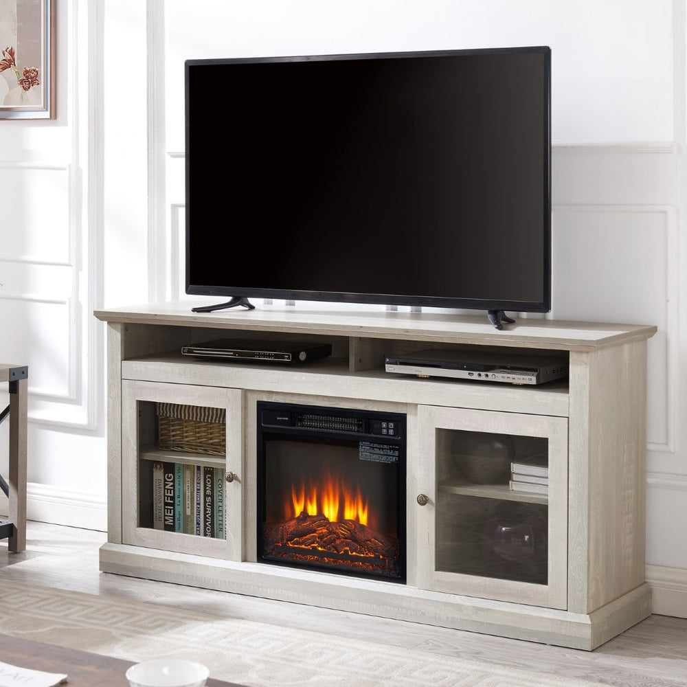English Elm Contemporary Stone Gray Media Console with Electric Fireplace Insert for Living Rooms W2275S00042