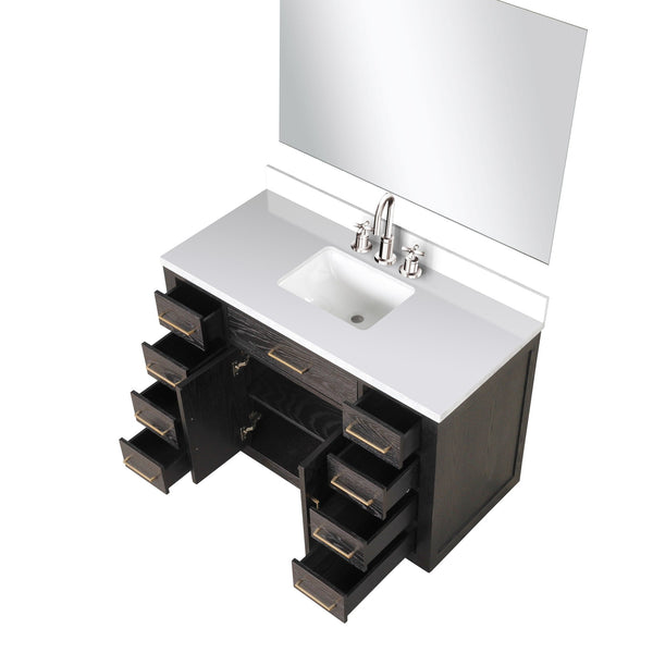 English Elm Brown Oak Single Bath Vanity Set With White Quartz Top, Chrome Faucet & 46" Frameless Mirror B2731S01959
