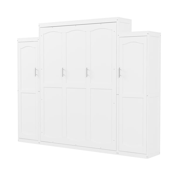 English Elm Queen Murphy Bed with 2 Wardrobes & Foldable Platform, Space-Saving White Queen Bedframe 650lbs N733S339767K