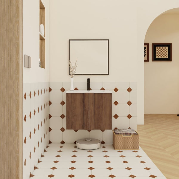 English Elm 24" Wall Mounted Bathroom Vanity Dark Oak Open Shelf Ceramic Sink Soft Close Door W3450P435834