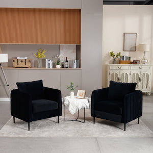 English Elm Accent Velvet Armchair Mid-century Modern Plush Seat with Metal Legs for Any Room Black W3244P325834