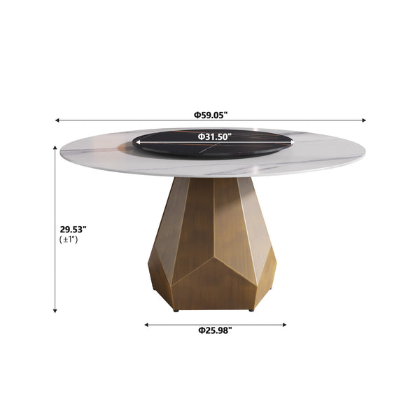 English Elm 59.05" Round Marble Dining Table With Metal Base, Seats 6-8, Stylish Black & White Finish, Turntable W1535S00373