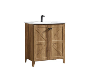 English Elm 30 Inch Floating Bathroom Vanity Fluted Wood Grain Front with Ceramic Integrated Sink Golden Oak W3520S00033