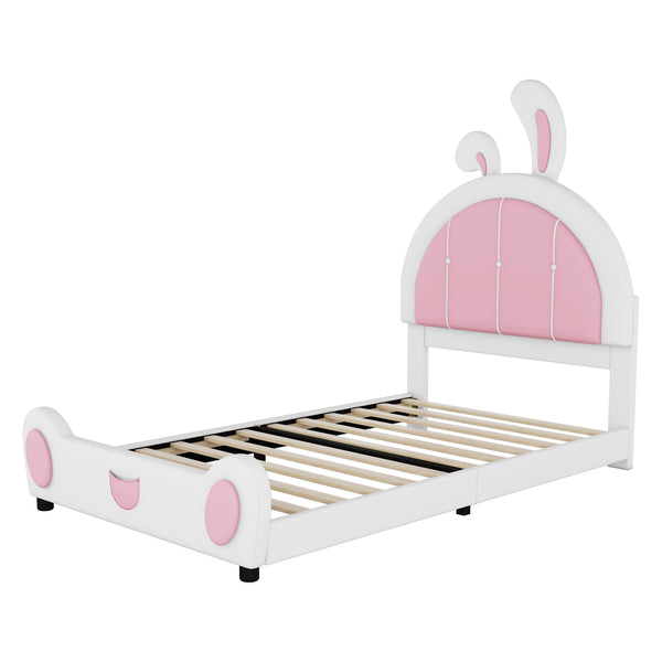 English Elm Twin Upholstered Platform Bed with Ribbit Headboard, White Pink Ears, Low-Profile Modern Frame, Cute WF323763AAK