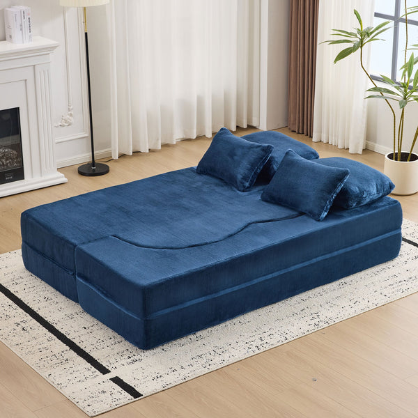 English Elm Queen Foldable Sofa Bed with Plush Chenille Cover, High-Density Foam Convertible Futon for Living Room Guest Room Bedroom Blue W1829P348211