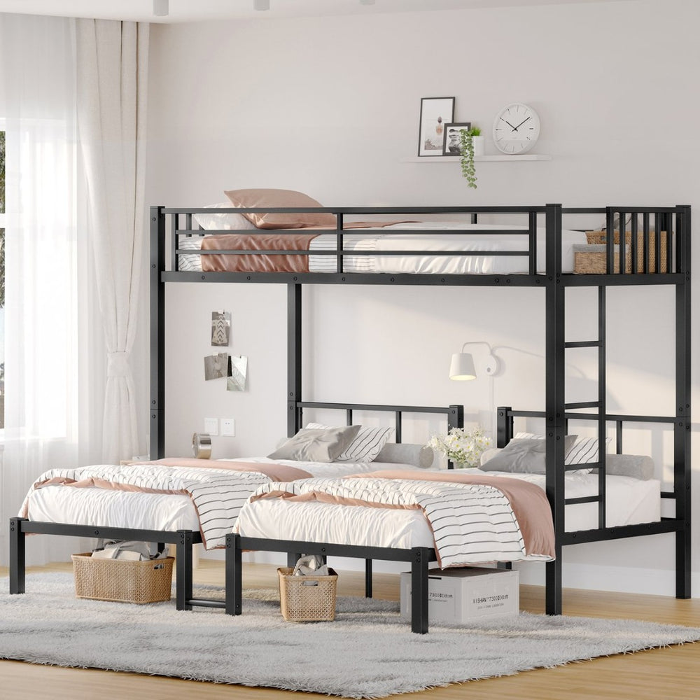 English Elm Twin Metal Triple Bunk Bed With Built-In Shelving, Space-Saving Design For Kids & Guests, Black Finish W1580S00118-GIGA