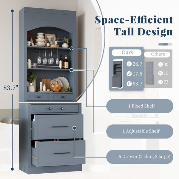 English Elm Modern Tall Kitchen Pantry Set of Two with Faux Marble Top and Glass Holders Gray SP000175AAE