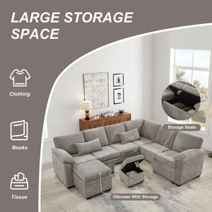 English Elm 97 Inch L-shaped Chenille Sectional Sofa with Sleeper Storage Ottoman 7 Seats Grey W1669S00018