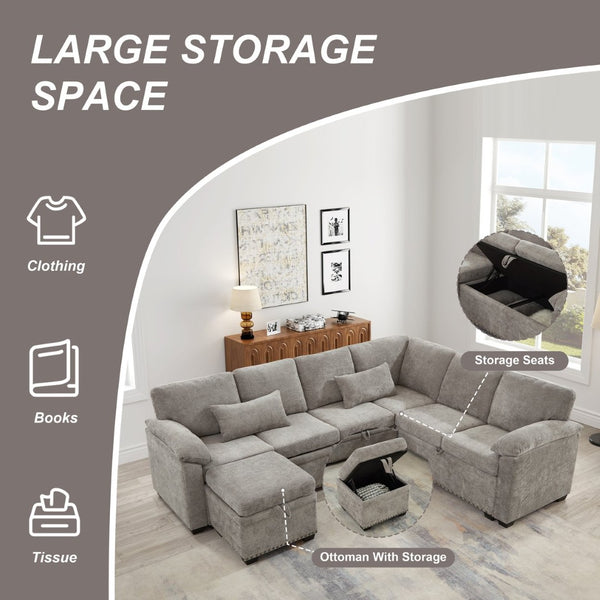 English Elm 97 Inch L-shaped Chenille Sectional Sofa with Sleeper Storage Ottoman 7 Seats Grey W1669S00018