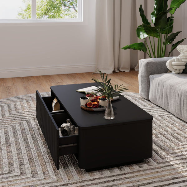 English Elm 47'' Spiral Grain Coffee Table Two Drawer Storage Mid Century Farmhouse Living Room Black W2263P412382