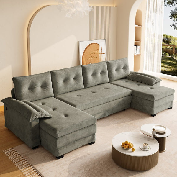 English Elm 109.5" Oversized U-shaped Sectional Sleeper Chenille Modular Sofa with Usb Ports Light Grey W1885S00439