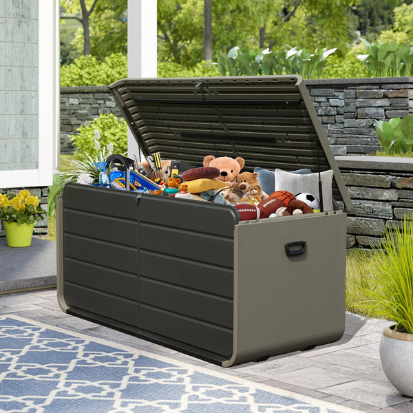 English Elm 200 Gallon Plastic Deck Box - Weatherproof UV-Resistant Patio Storage with Lock Holes, Wheels, Bench Functionality W1859P353180