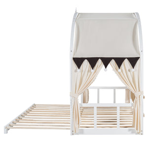 English Elm Twin Pinewood Ground-Level Canopy Bed with Arched Roof and Trundle for Kids—Whimsical, Sturdy Design White N820P181648K