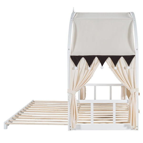 English Elm Twin Pinewood Ground-Level Canopy Bed with Arched Roof and Trundle for Kids—Whimsical, Sturdy Design White N820P181648K