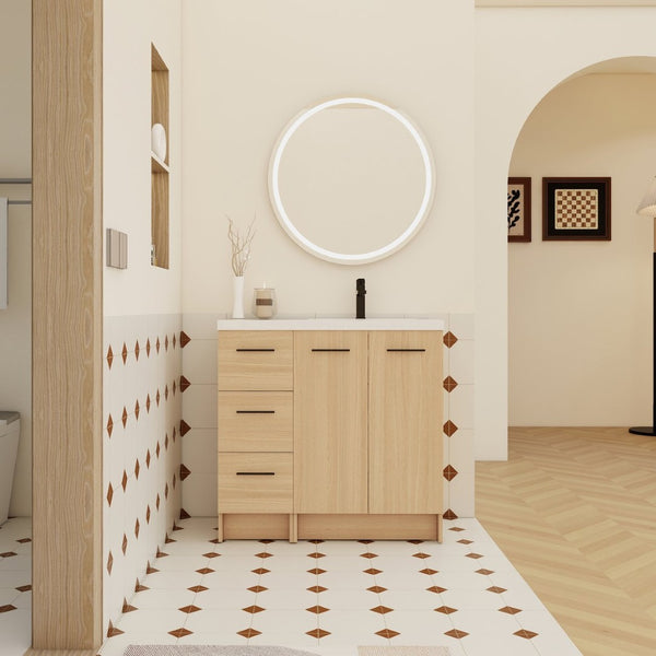 English Elm 36" Floating Bathroom Vanity Light Oak Modular Cabinet with Gel Coat Integrated Sink W3450S00104