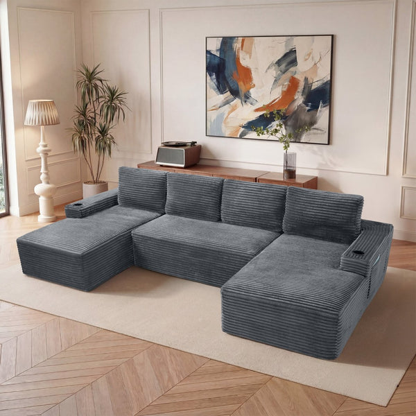 English Elm Compressible Corduroy U-shaped Sectional Cloud Sofa Modular Living Room Couch Gray W5515S00028