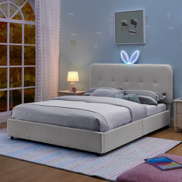 English Elm Full Size Kids Storage Bed Boucle Upholstered Rabbit Ear Headboard with Led Lighting Beige W1413P384924