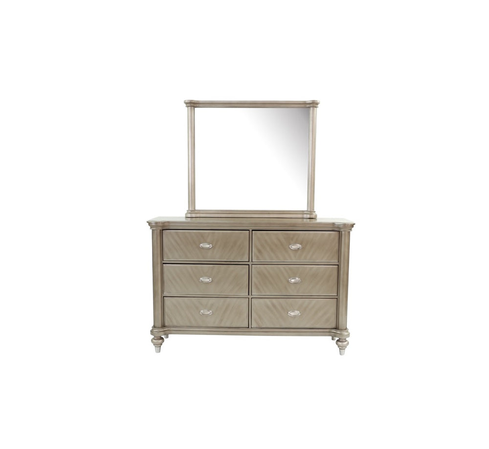English Elm Luxury Modern Antique Silver Champagne Dresser with Mirror — 64" 6-Drawer Glam Storage for Bedroom Decor B011S01153
