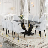 English Elm Black Marble Pattern Tempered Glass Dining Set - 71"X35.4" With 8 Light Gray Pu Chairs With A Widened Backrest Design.