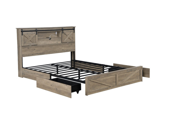English Elm Farmhouse King Storage Bed Rustic Wood Headboard with Led Lights and Charging Hub W1670P362672