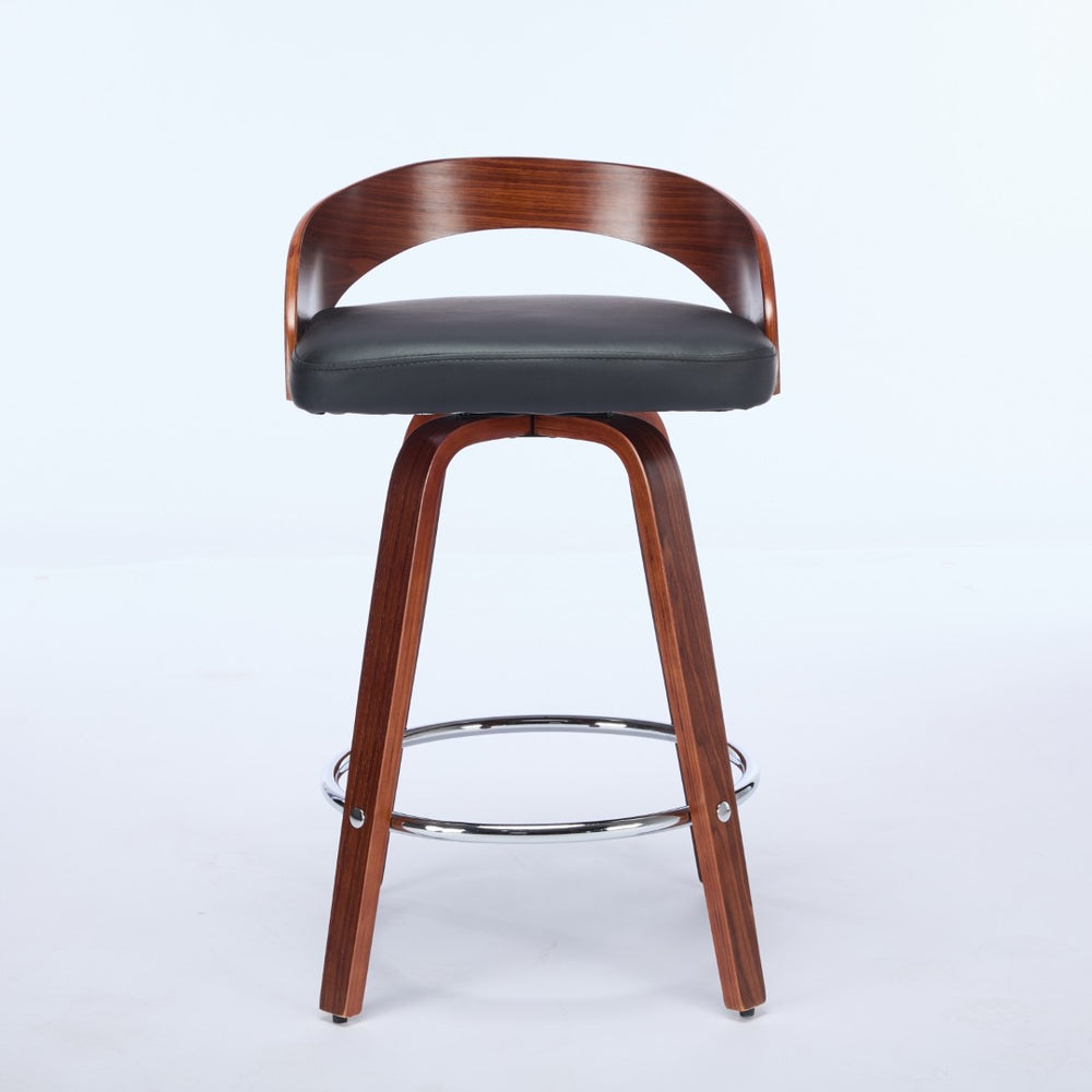 English Elm Bar Stools Set of 2 Mid-century Swivel Walnut Wood Frame with Cushioned Seat Black Pu W1143P173431