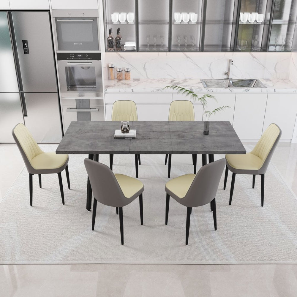 English Elm 55.12-70.87" Expandable Dining Set 7 Piece Industrial Mdf Table with Pu Upholstered Chairs Beige+Grey W2189S00912