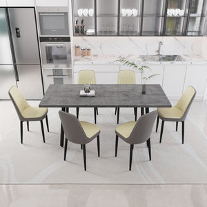 English Elm 55.12-70.87" Expandable Dining Set 7 Piece Industrial Mdf Table with Pu Upholstered Chairs Beige+Grey W2189S00912