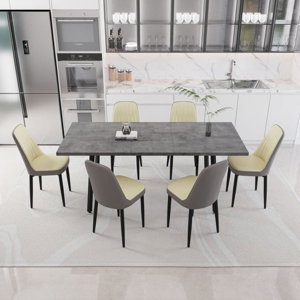 English Elm 55.12-70.87" Expandable Dining Set 7 Piece Industrial Mdf Table with Pu Upholstered Chairs Beige+Grey W2189S00912