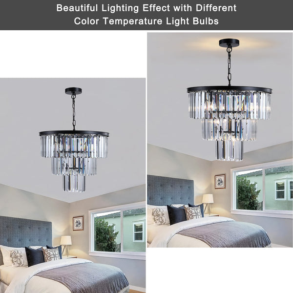 English Elm 20" Luxury 3-Tier Crystal Chandelier 7-Light Black Frame Pendant, K9 Crystals LED Ready Elegant Ceiling Fixture W2312P389944