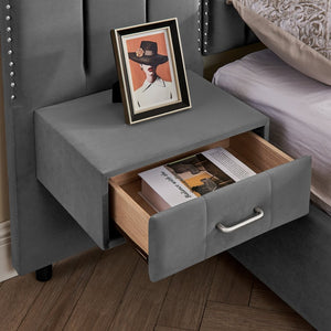 English Elm Queen Velvet Platform Bed with Tufted Headboard Integrated Nightstands and Striped Design Gray W487S00443