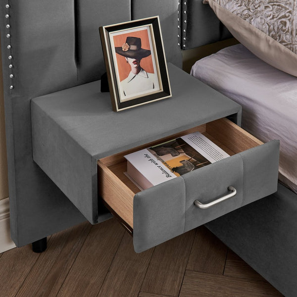 English Elm Queen Velvet Platform Bed with Tufted Headboard Integrated Nightstands and Striped Design Gray W487S00443