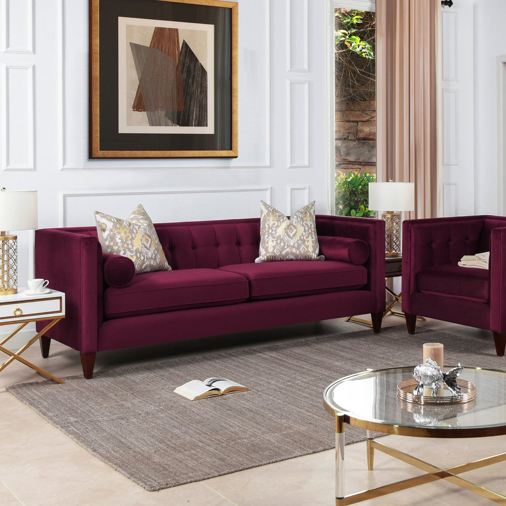 English Elm Jennifer Taylor Home - Jack 84" Modern Tuxedo Tufted Sofa in Plush Velvet with Shelter Arms, Reversible Cushions, Pillows Burgundy B2719P238402