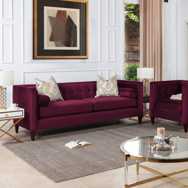 English Elm Jennifer Taylor Home - Jack 84" Modern Tuxedo Tufted Sofa in Plush Velvet with Shelter Arms, Reversible Cushions, Pillows Burgundy B2719P238402