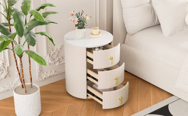 English Elm Upholstered Rounded Nightstand with 3 Spacious Drawers, Marbled Top and Metal Handles, Fully Assembled Beige 24 L x 19.5 W x 18.89 H N733P272609A