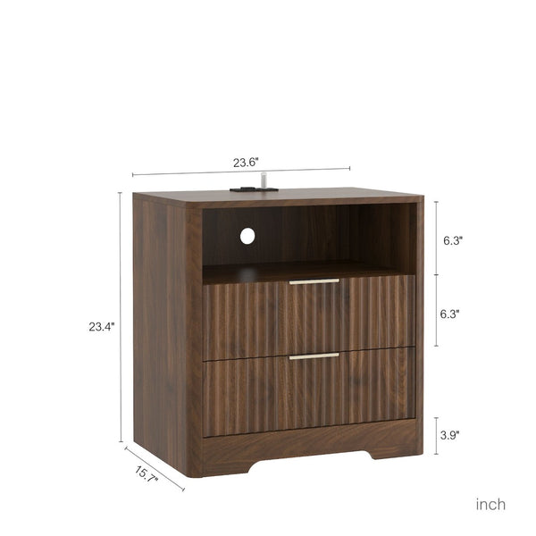 English Elm Nightstand Wood Cabinet with Usb Charging Ports Voice Light and Bedroom Storage W1321P399416