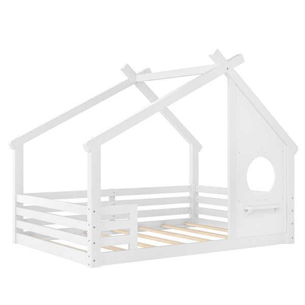 English Elm Twin House Bed Low Profile Pine Wood Frame with Shelf Montessori Kids Floor Sleeping Light White W5305P429644