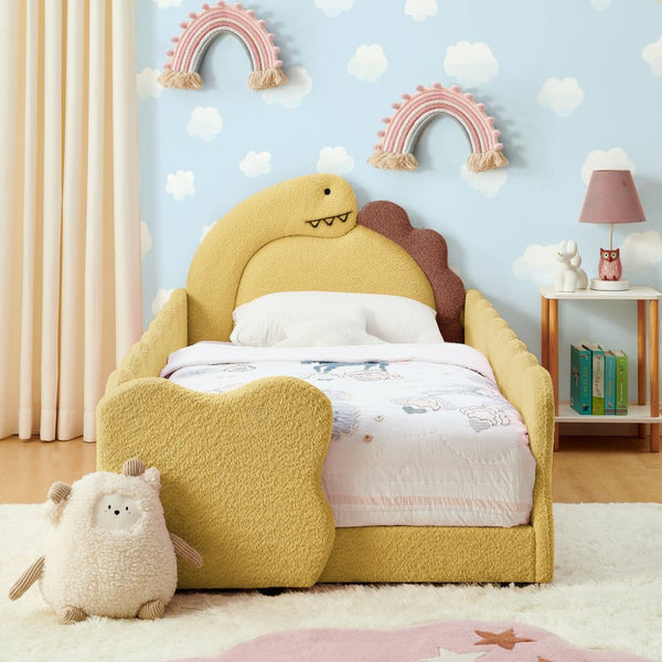 English Elm Twin Dinosaur Boucle Upholstered Kids Bed Solid Wood Frame with Padded Safety Rails Yellow W1413P384916
