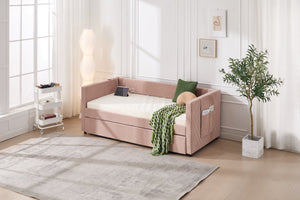 English Elm Twin Velvet Upholstered Daybed with Trundle, V-Pattern Backrest, USB Port, Side Pockets, Sturdy Design Pink W1361S00042