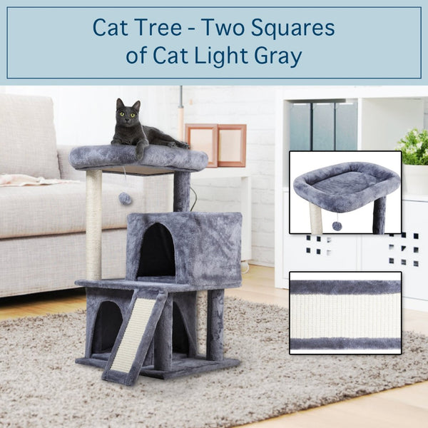 English Elm Double-layer Cat Tree with Sisal Ladder Flannel Houses and Pompom Toy for Small Spaces W2181P357568