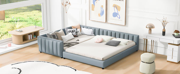 English Elm Queen Upholstered Platform Bed with Twin XL Daybed Set, PU Leather, Space-Saving Convertible Duo for Guests and Kids Gray SF100115AAE