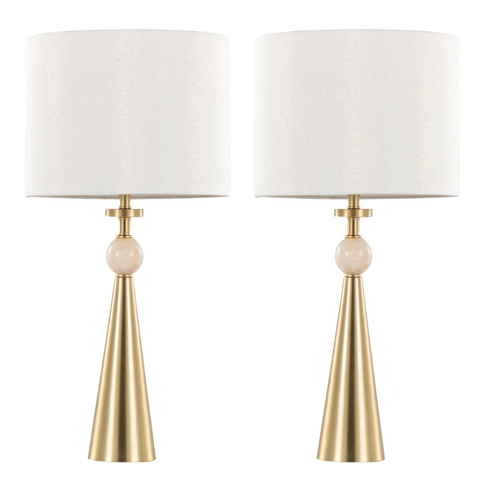 English Elm Table Lamp Set of Two Gold Metal Travertine Base with Leaf Fabric Shade Glam Decor B202P471582