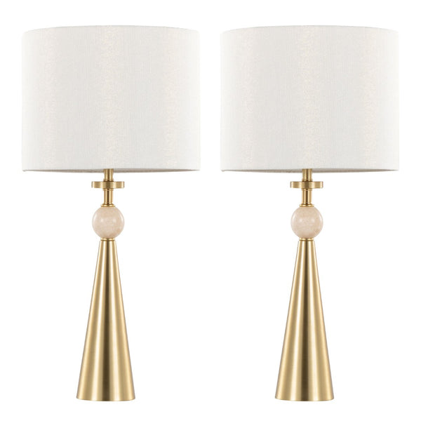 English Elm Table Lamp Set of Two Gold Metal Travertine Base with Leaf Fabric Shade Glam Decor B202P471582
