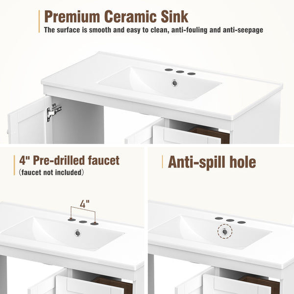 English Elm 36 36" Modern Shaker Bathroom Vanity with Ceramic Sink, Soft-Close Drawers & Doors, Durable Handles White N729P288872K