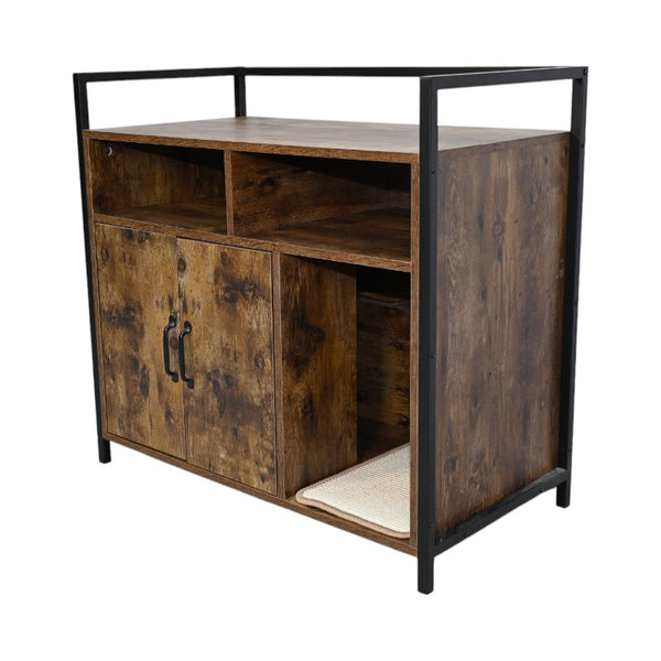 English Elm Rustic Wooden Cat Litter Box Enclosure with Scratching Mat, Rustic Brown Industrial Cat Hideaway 31.9"x17.7"x31.4" W1412P271588