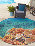 Unique Loom Outdoor Coastal Ariel Machine Made Border Rug Multi, Ivory/Navy Blue/Red/Turquoise/Orange/Brown/Blue 7' 10" x 7' 10"