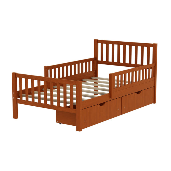 English Elm Twin Pinewood Platform Bed with Headboard, Guardrails & Two Underbed Drawers for Storage Walnut 70.6 L x 17.1 W x 5.9 H N733P172696D