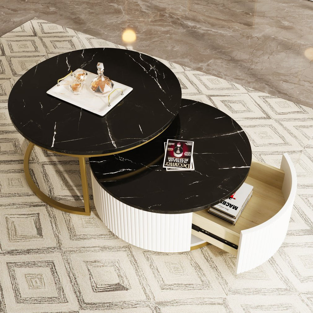 English Elm Modern Round Nesting Coffee Table Set with Fluted MDF Top, Hidden Drawer & Gold Pedestal Bases Enhances Style Golden Black CH325939AAB
