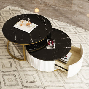 English Elm Modern Round Nesting Coffee Table Set with Fluted MDF Top, Hidden Drawer & Gold Pedestal Bases Enhances Style Golden Black CH325939AAB